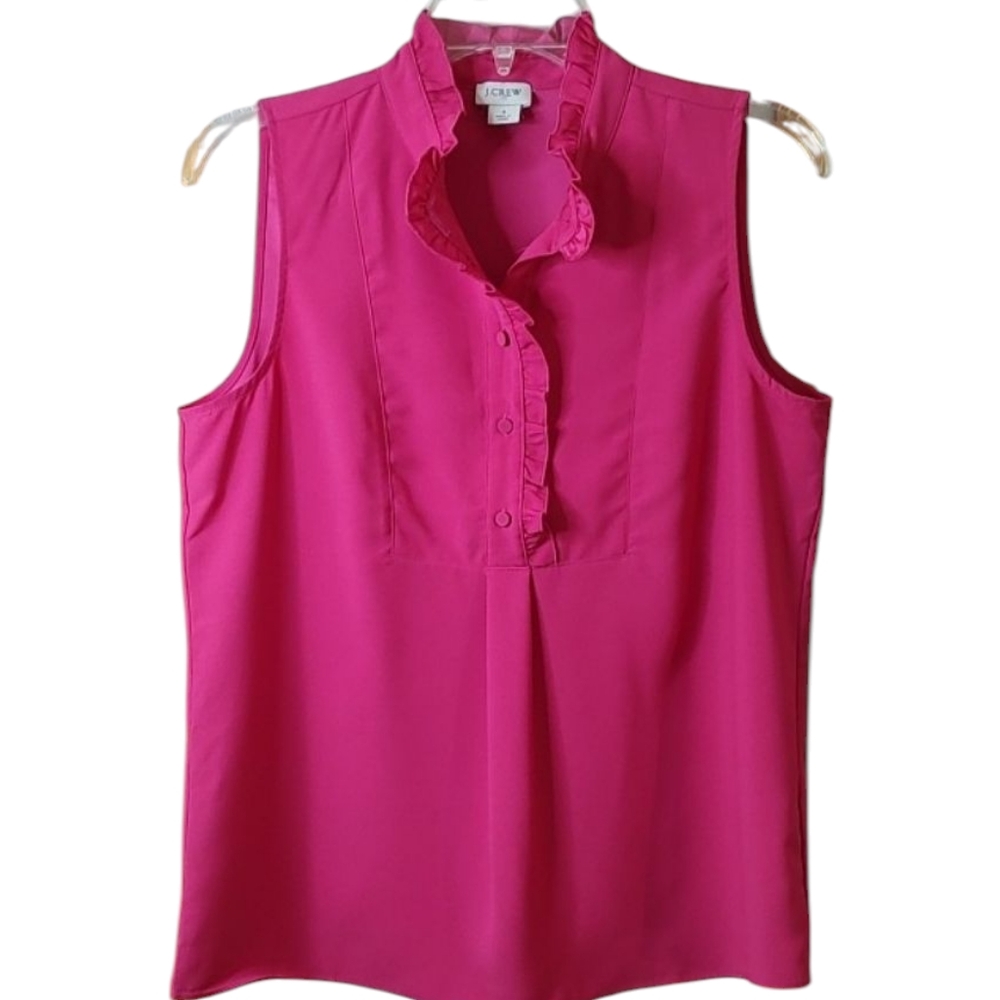New J Crew Pink Buttoned Mandarin Collar With Ruffle Sleeveless Top Sz 4